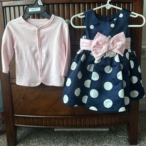 Fancy party rare editions navy blue polka dot dress with pink cardigan. 3-6M